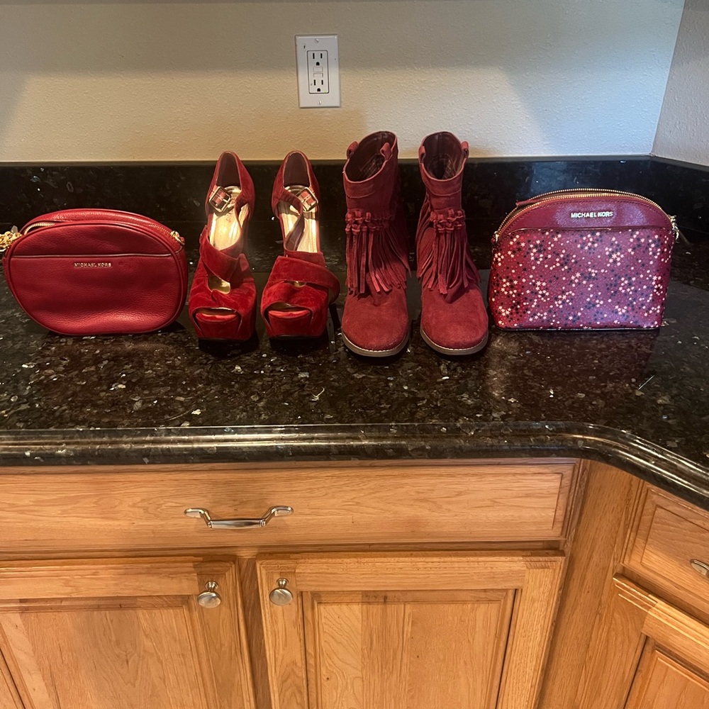Michael Kors Burgundy Colored Crossbodies with matching shoes